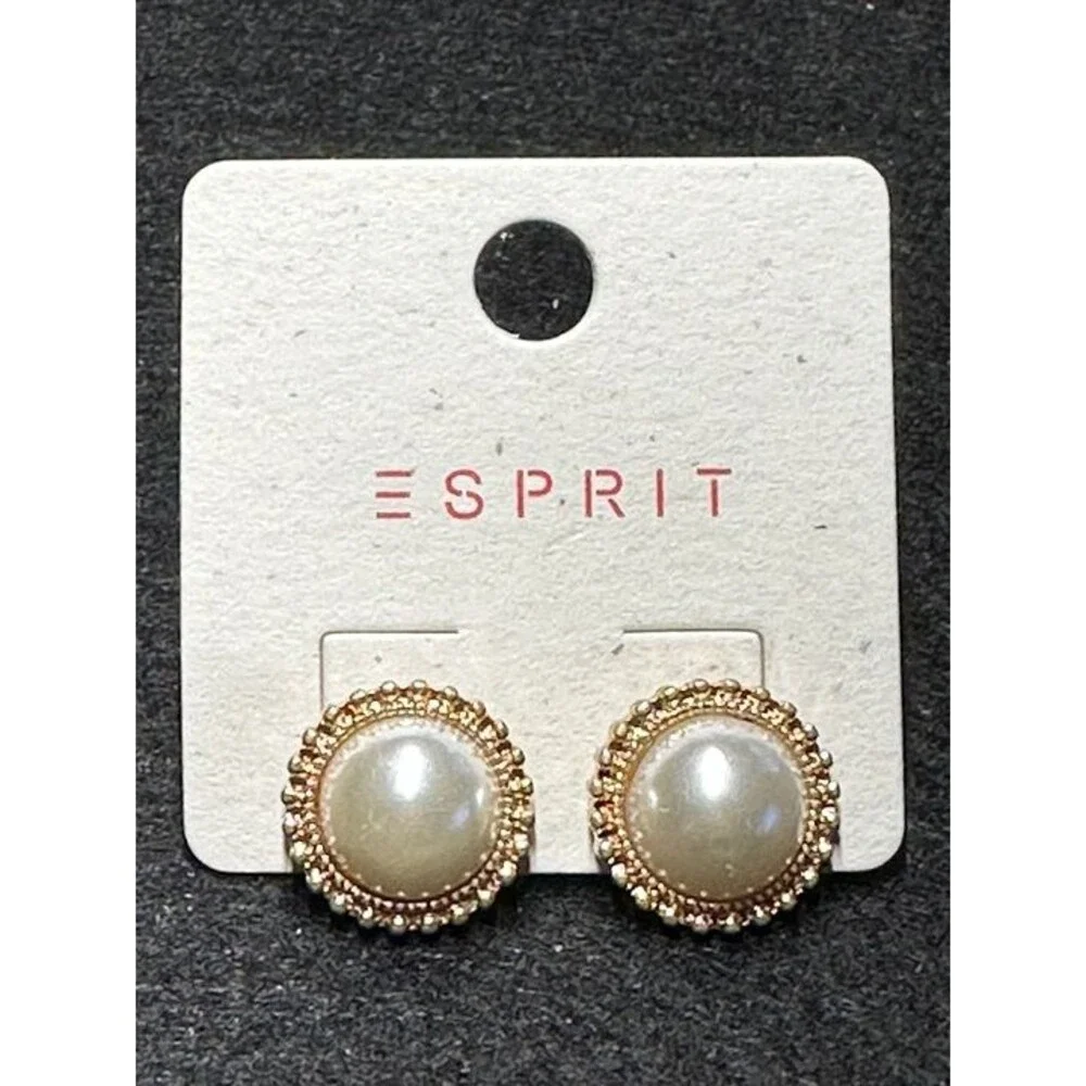 ESPRIT Gold Tone Pearl Stud Earrings Beaded Border Bridal Classic Style New
